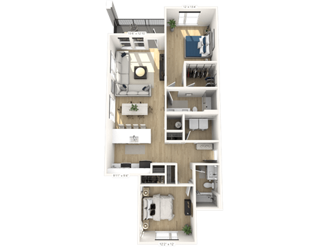 Floor plan for 2 beds, 2 baths, 1210 sqft